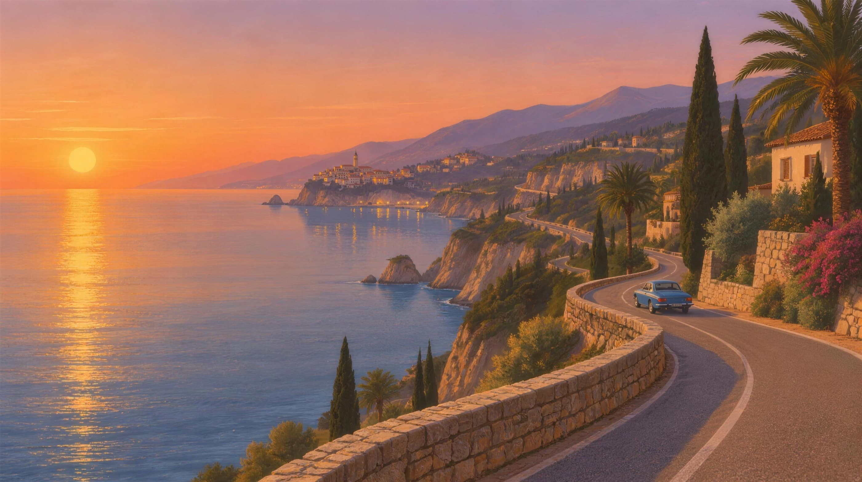 Illustration of a winding coastal road above the sea at sunset with a small blue car
