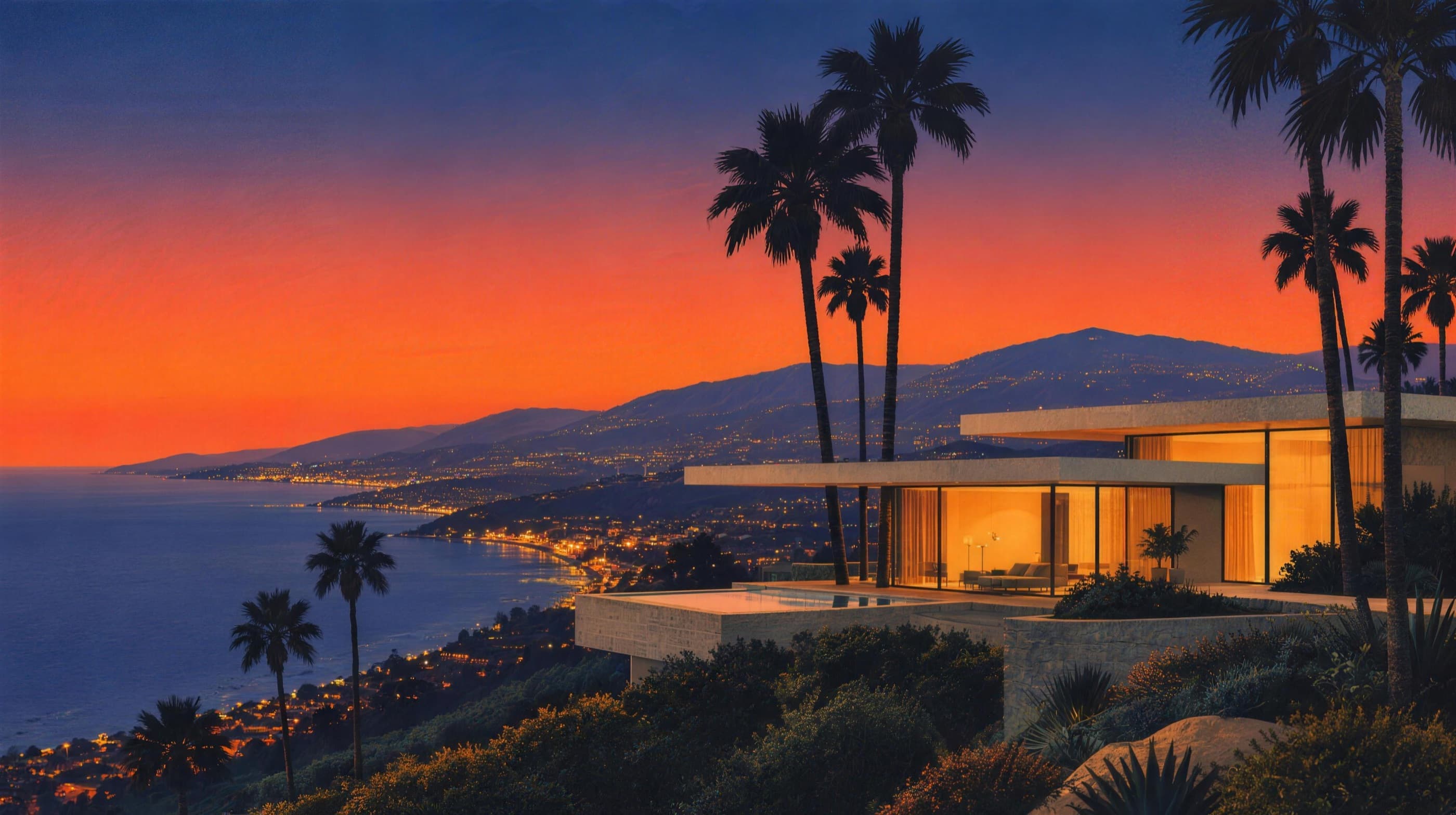 Illustration of a modernist villa on a hillside at dusk, lit windows, palm trees and a bay full of city lights