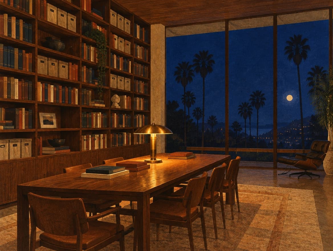 Illustration of a private library at night with a long reading table and a brass lamp