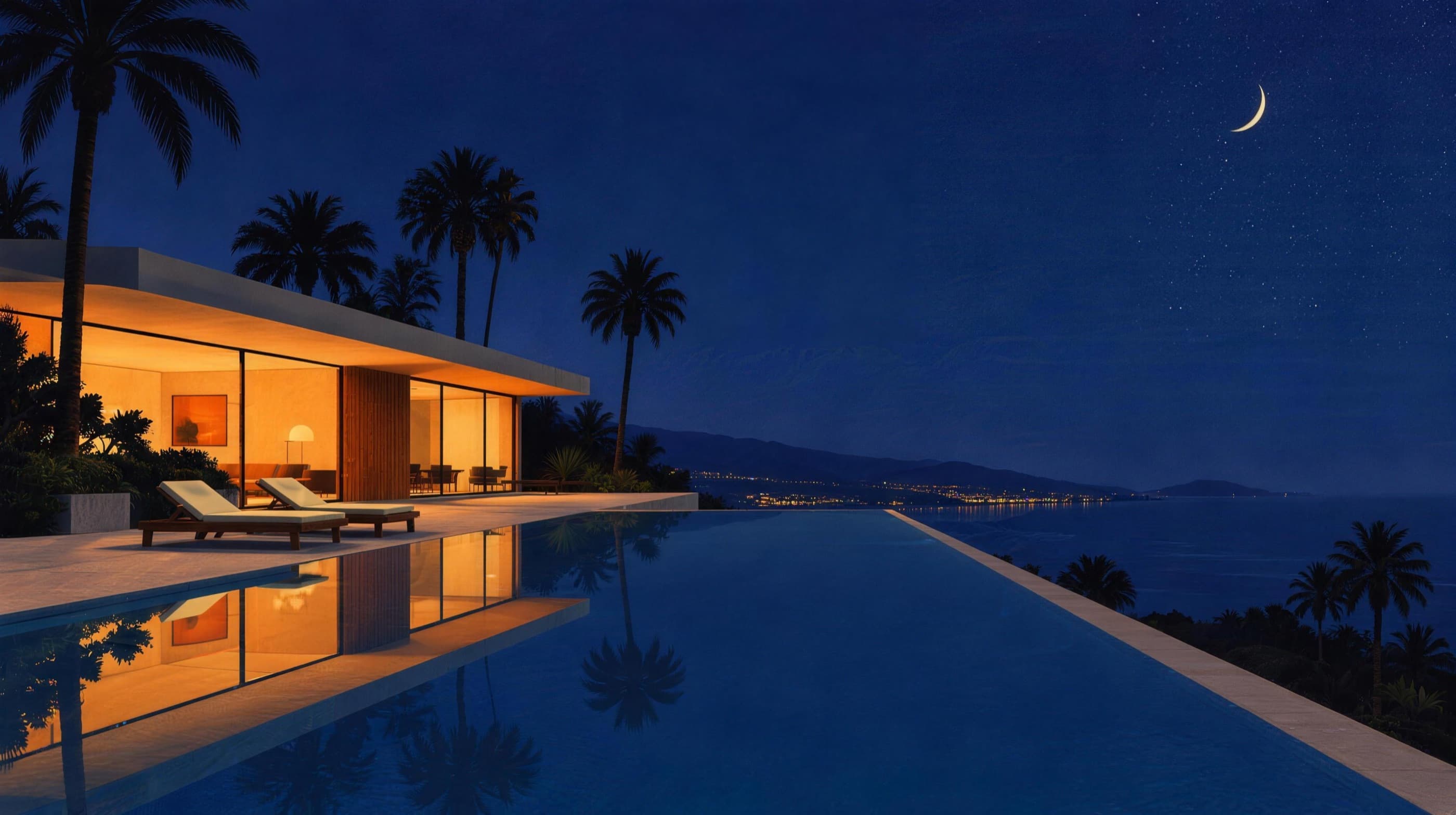 Illustration of an infinity pool at night reflecting a glowing villa, a crescent moon above