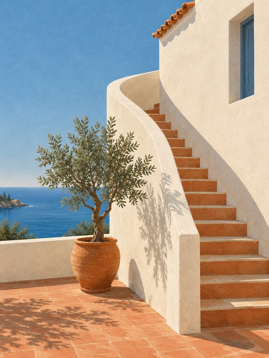 Illustration of a white stucco staircase beside a potted olive tree, the sea behind