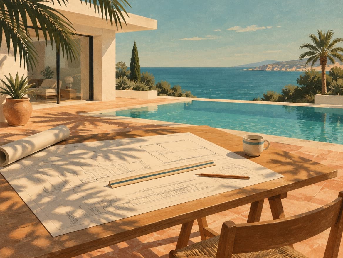 Illustration of a drafting table with blueprints on a sunny terrace by a pool