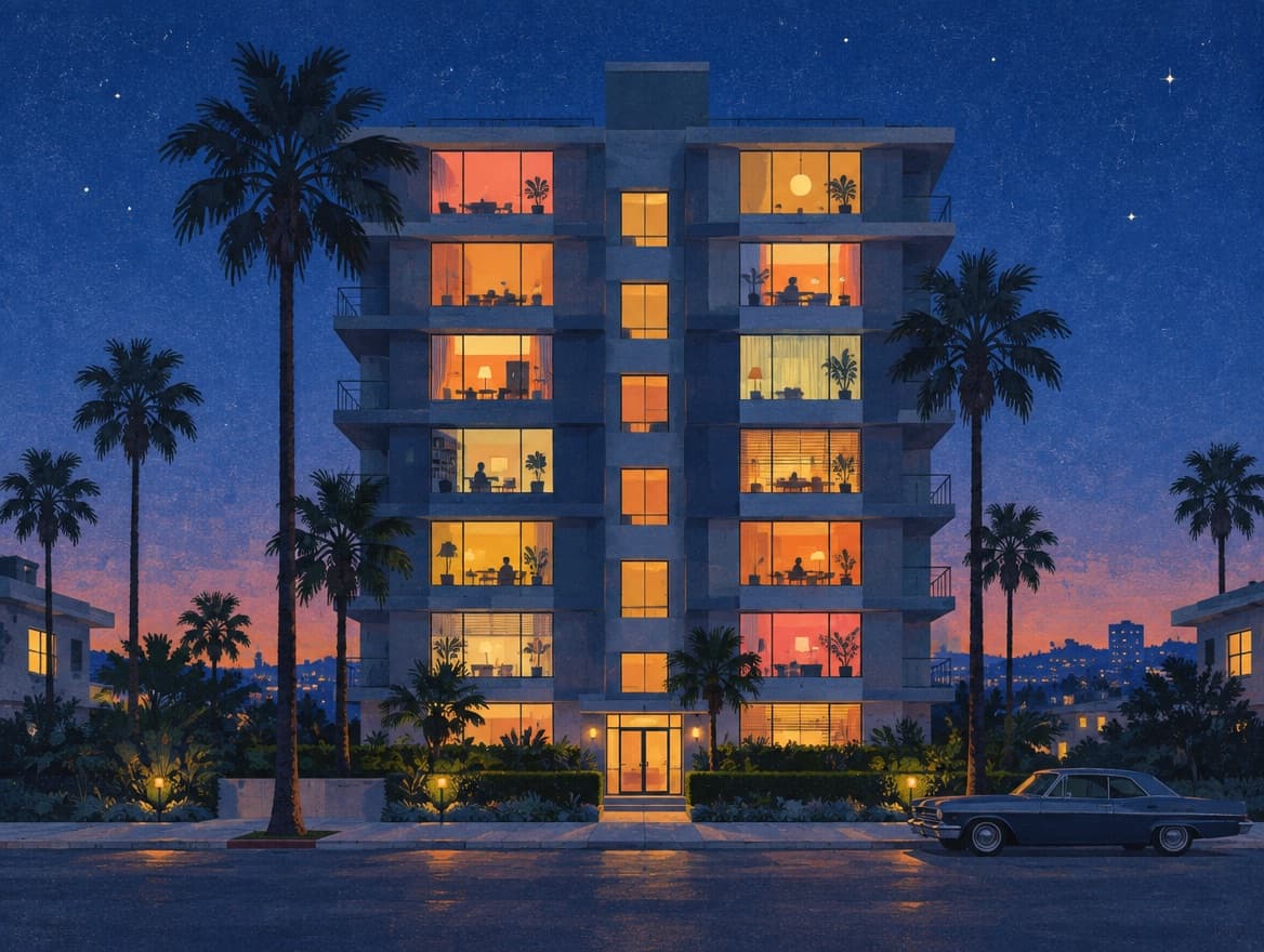 Illustration of a modernist apartment building at blue hour, every window lit a different colour